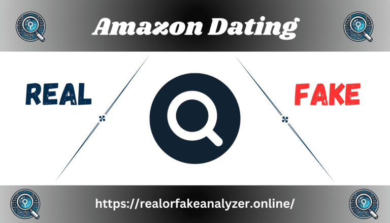 Search icon with the text "Amazon Dating" at the top, "REAL" on the left, and "FAKE" on the right.