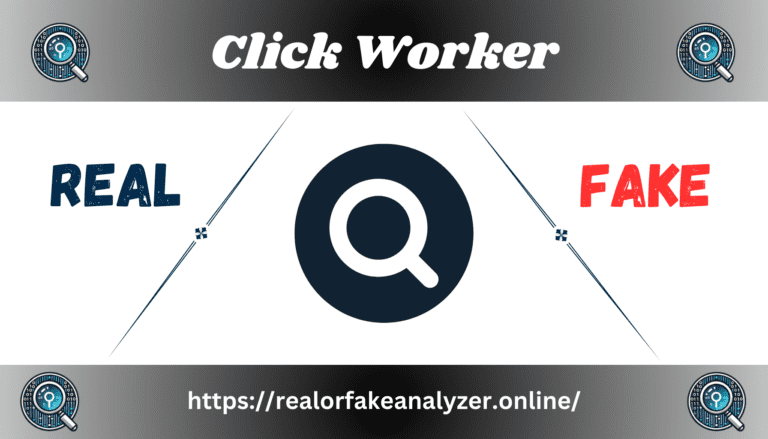 Search icon with the text "Click Worker" at the top, "REAL" on the left, and "FAKE" on the right.
