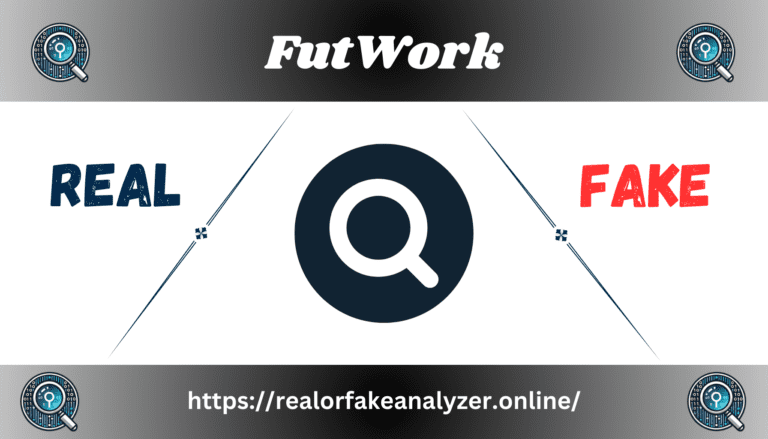 Search icon with the text "FutWork" at the top, "REAL" on the left, and "FAKE" on the right.