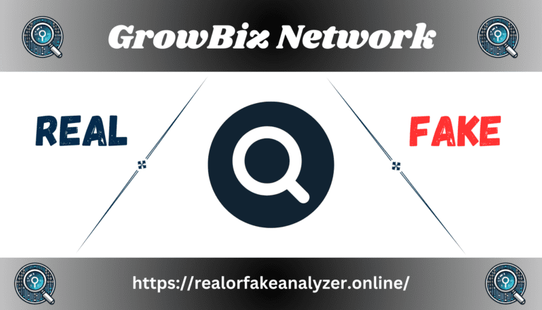 Search icon with the text "GrowBiz Network" at the top, "REAL" on the left, and "FAKE" on the right.