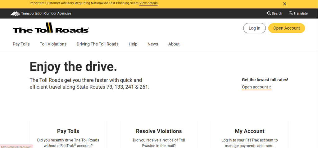 Screenshot of Homepage of Official Website of TheTollRoads
