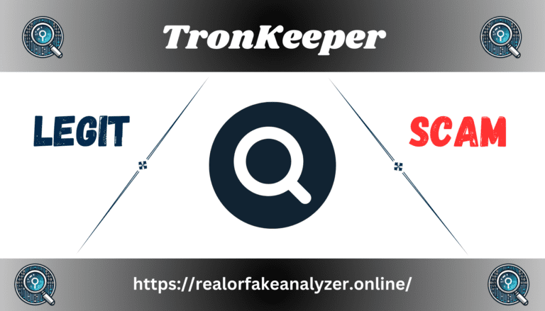 Search icon with the text "TronKeeper" at the top, "LEGIT" on the left, and "SCAM" on the right.