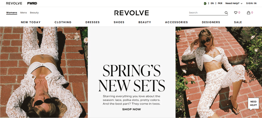 Screenshot of Homepage of Official Website of Revolve